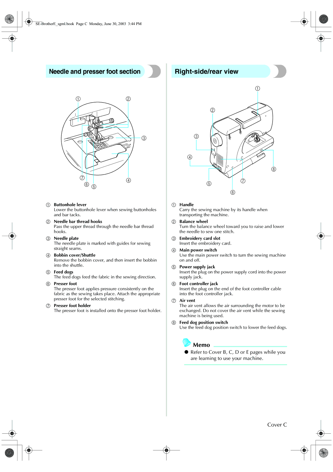 Brother HE 120 operation manual Needle and presser foot section, Right-side/rear view, Cover C 