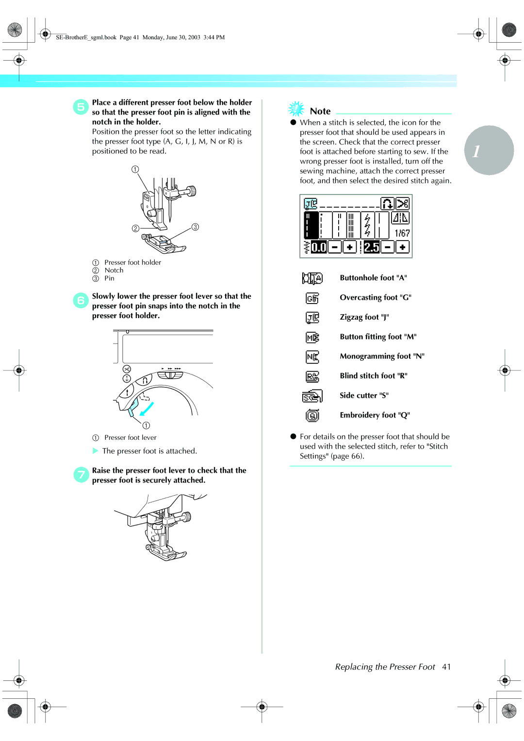 Brother HE 120 operation manual Replacing the Presser Foot, Presser foot is attached 