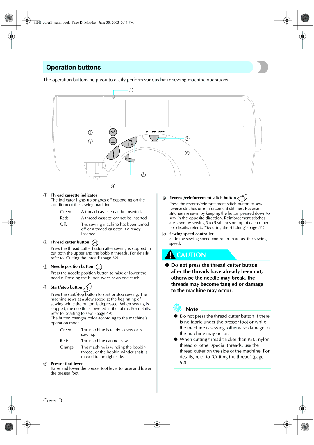 Brother HE 120 operation manual Operation buttons, Cover D 