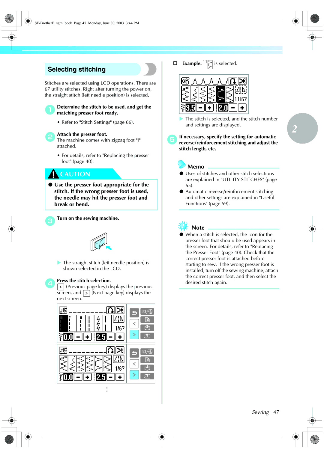 Brother HE 120 operation manual Selecting stitching, Sewing, Attach the presser foot, CTurn on the sewing machine 