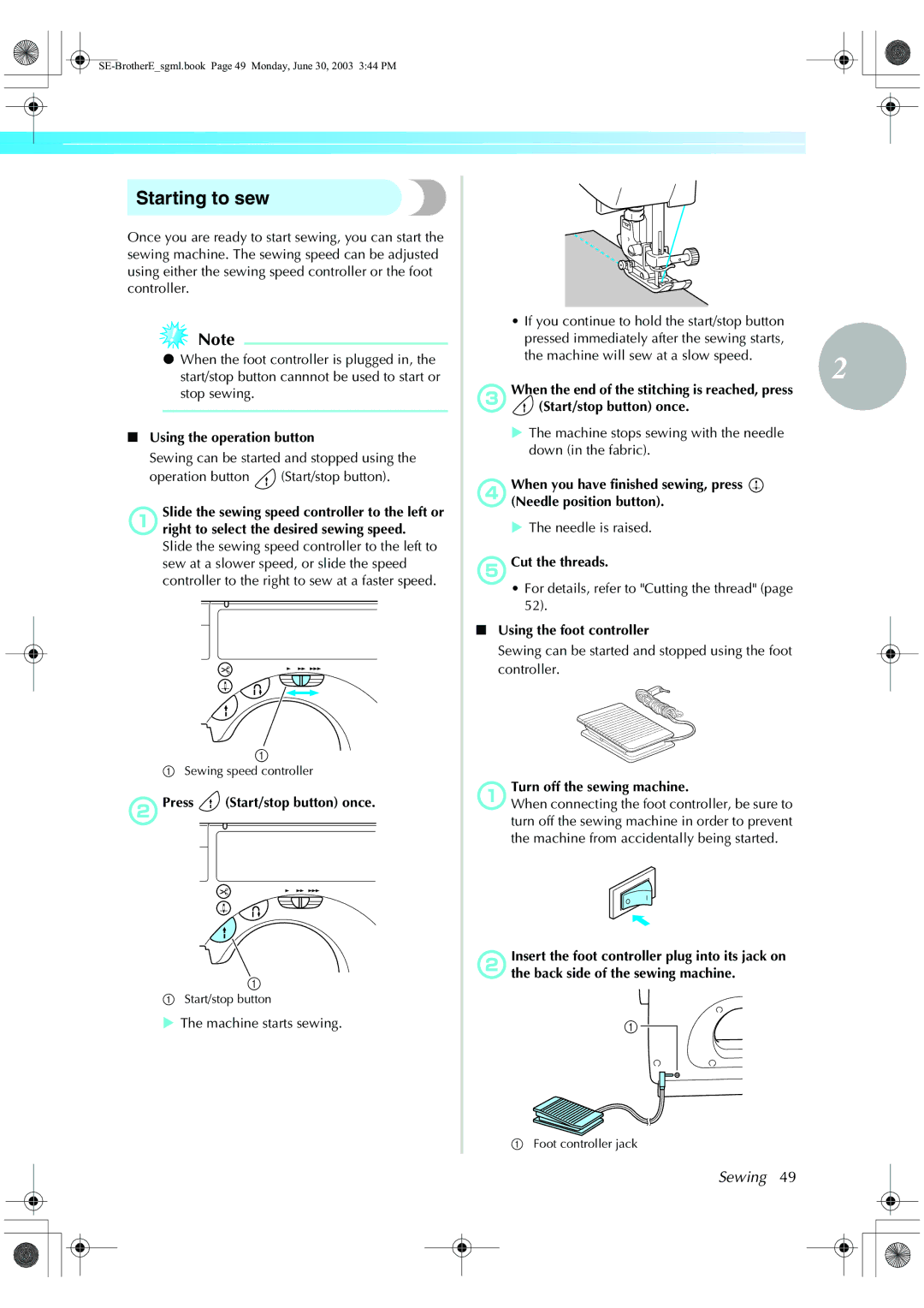 Brother HE 120 operation manual Starting to sew 