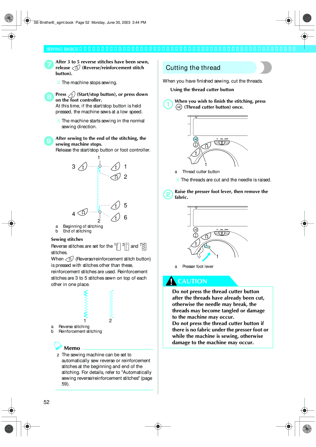 Brother HE 120 operation manual Cutting the thread, Release the start/stop button or foot controller, Sewing stitches 