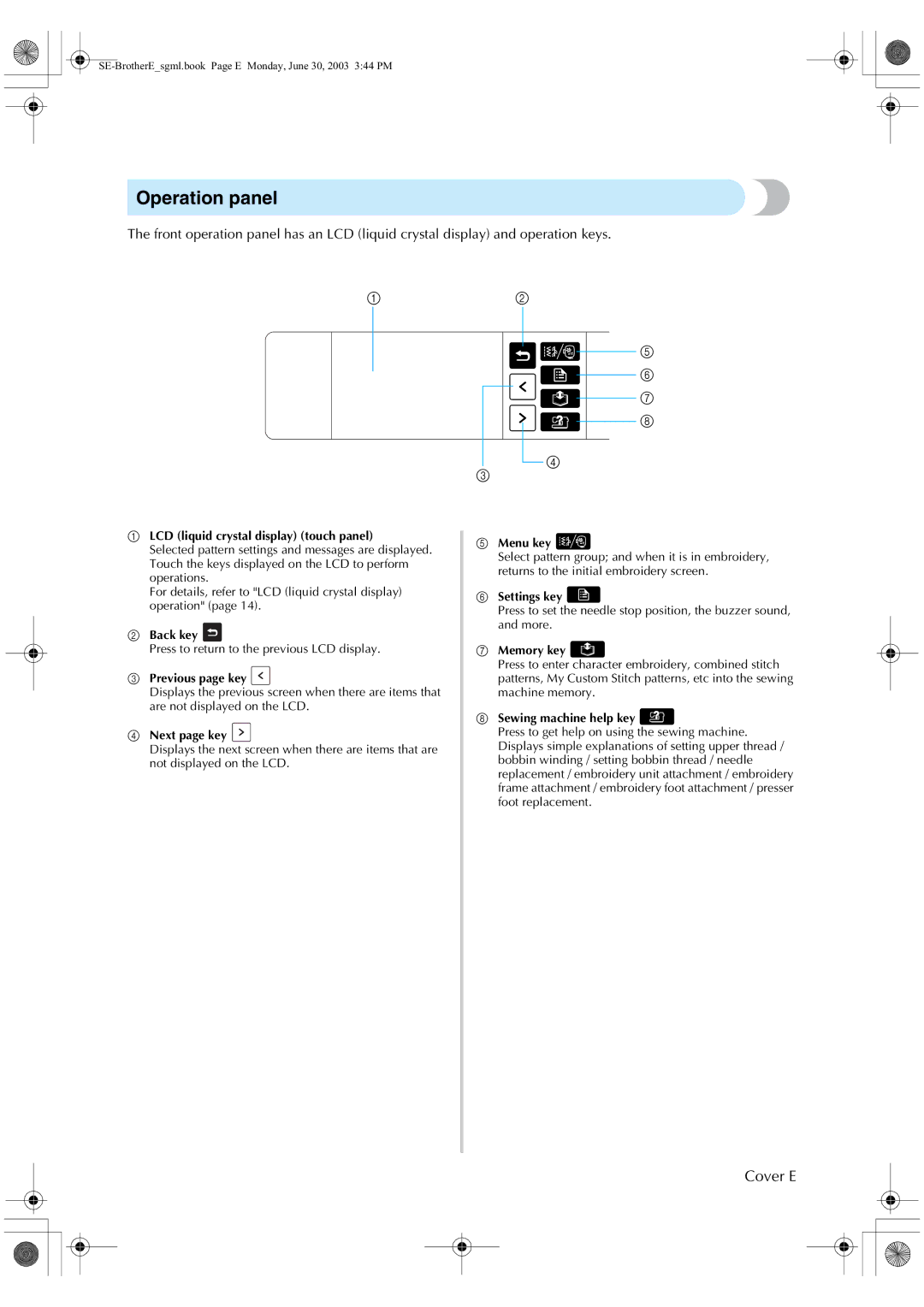 Brother HE 120 operation manual Operation panel, Cover E 