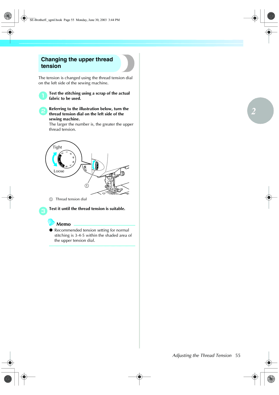 Brother HE 120 operation manual Changing the upper thread tension, Adjusting the Thread Tension 