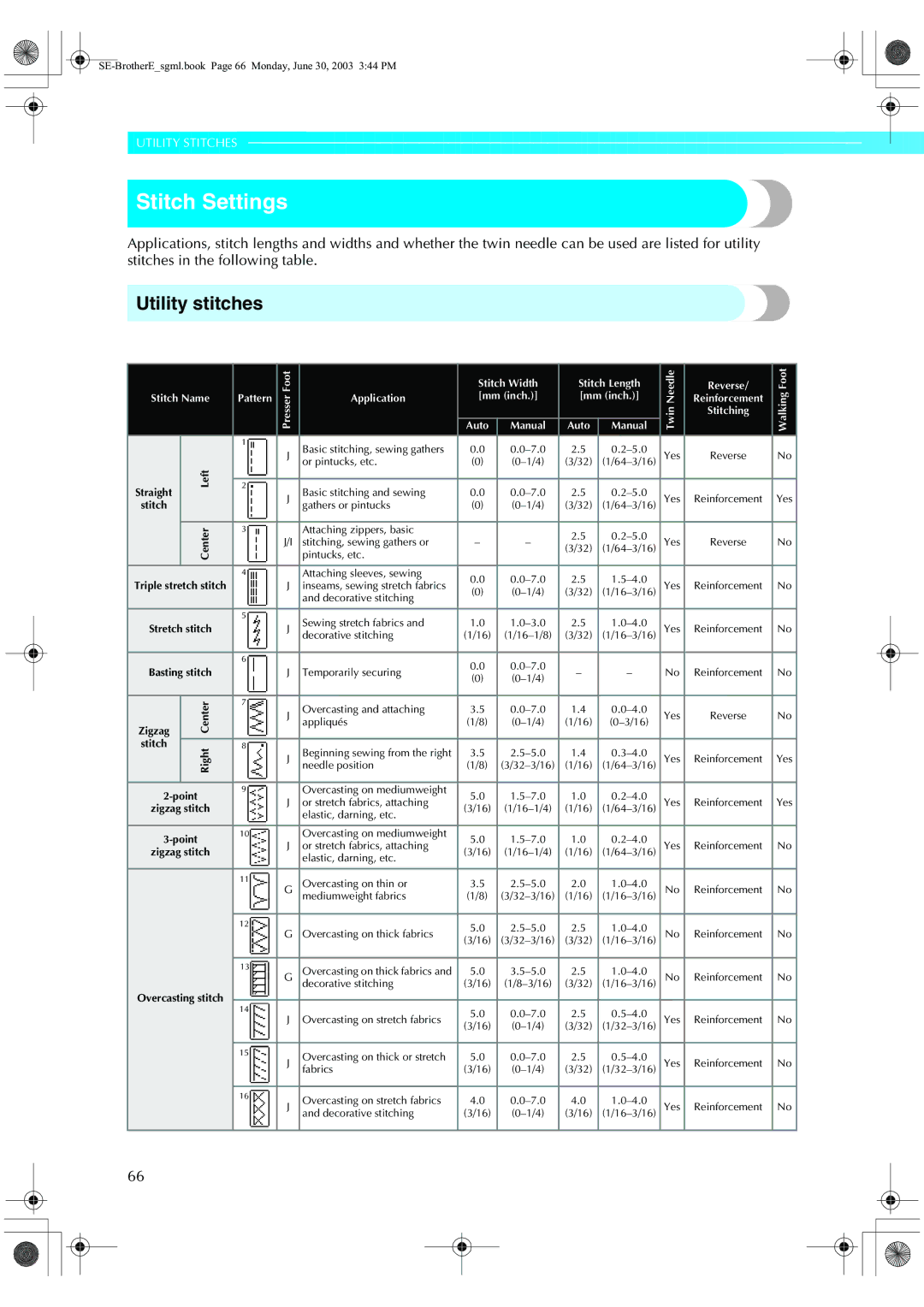 Brother HE 120 operation manual Stitch Settings, Utility stitches 