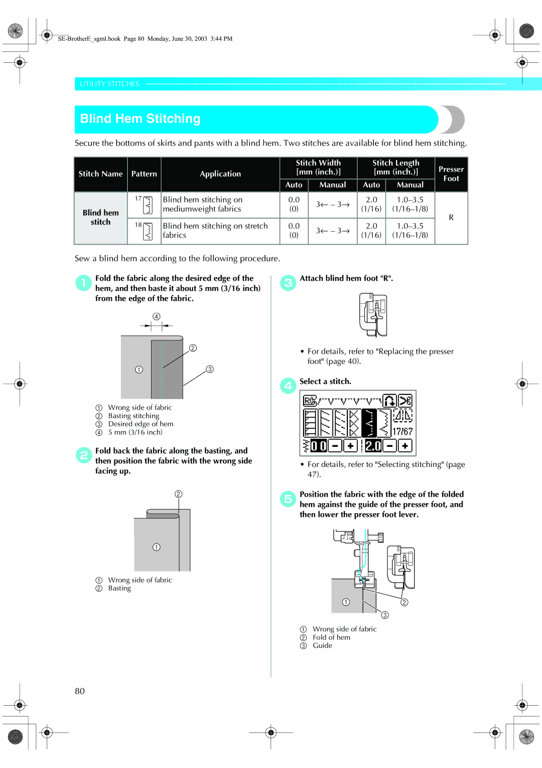 Brother HE 120 operation manual Blind Hem Stitching, CAttach blind hem foot R, DSelect a stitch 