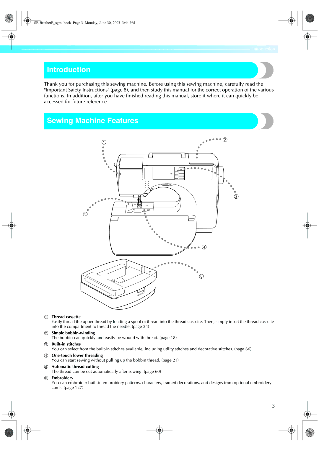 Brother HE 120 operation manual Introduction, Sewing Machine Features 