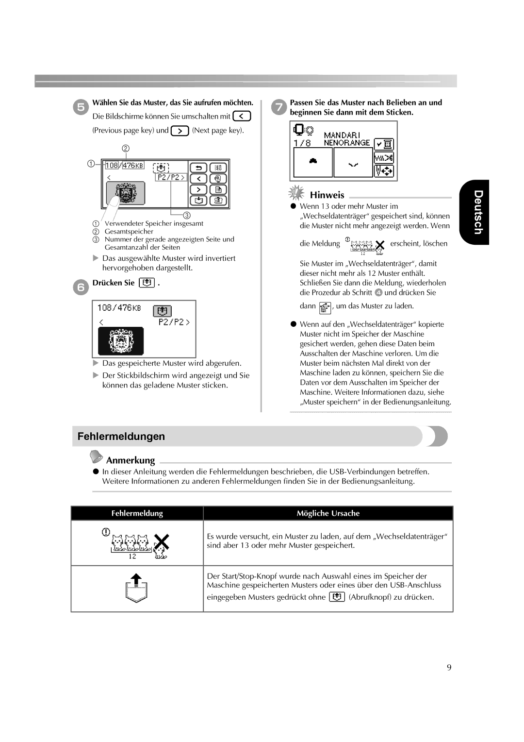 Brother HE-240 instruction manual Fehlermeldungen, FDrücken Sie, Fehlermeldung Mögliche Ursache 