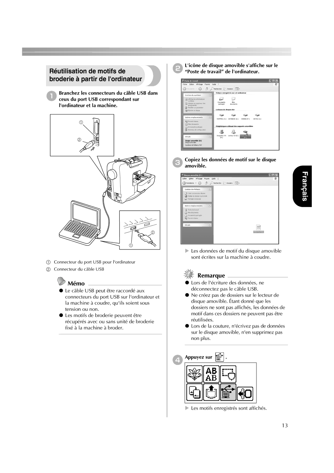 Brother HE-240 instruction manual Mémo, DAppuyez sur, Les motifs enregistrés sont affichés 