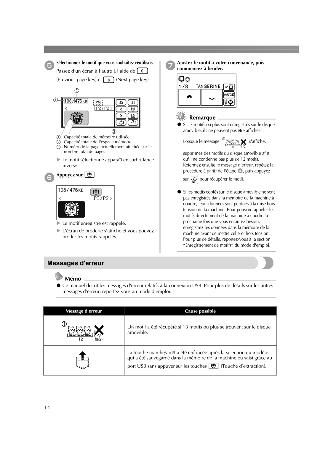 Brother HE-240 instruction manual Messages derreur, FAppuyez sur, Message derreur Cause possible 