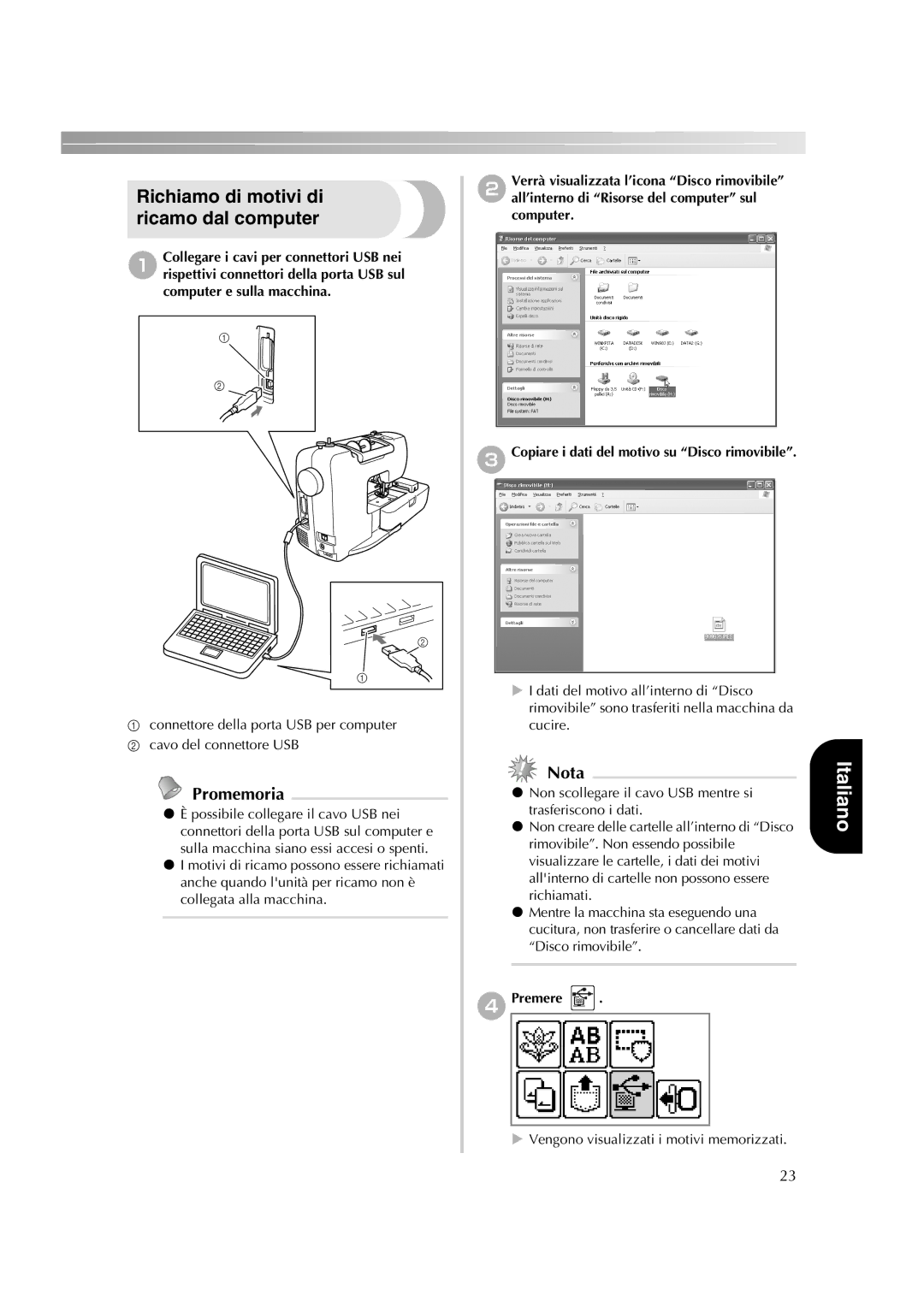 Brother HE-240 Richiamo di motivi di ricamo dal computer, Promemoria, DPremere, Vengono visualizzati i motivi memorizzati 