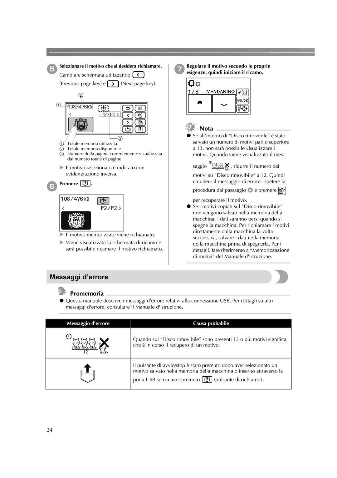 Brother HE-240 instruction manual Messaggi d’errore, Premere, Messaggio d’errore Causa probabile 