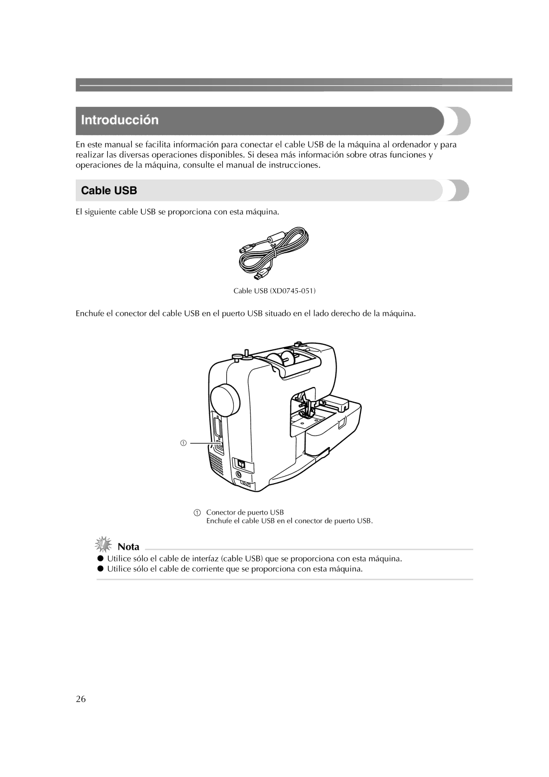 Brother HE-240 instruction manual Introducción, Cable USB, El siguiente cable USB se proporciona con esta máquina 