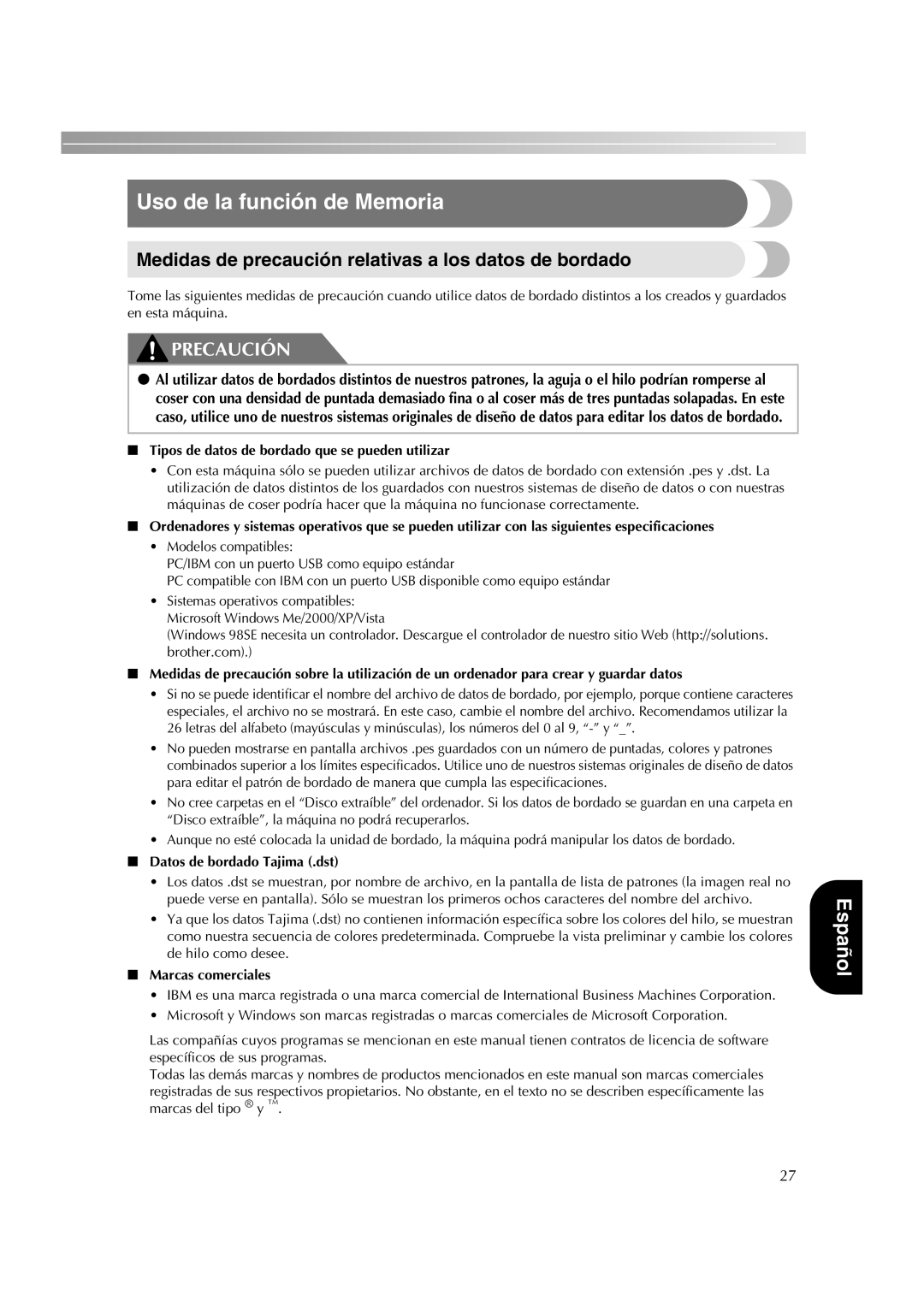 Brother HE-240 Uso de la función de Memoria, Medidas de precaución relativas a los datos de bordado, Marcas comerciales 