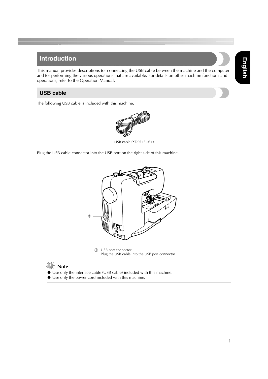 Brother HE-240 instruction manual Introduction, Following USB cable is included with this machine 