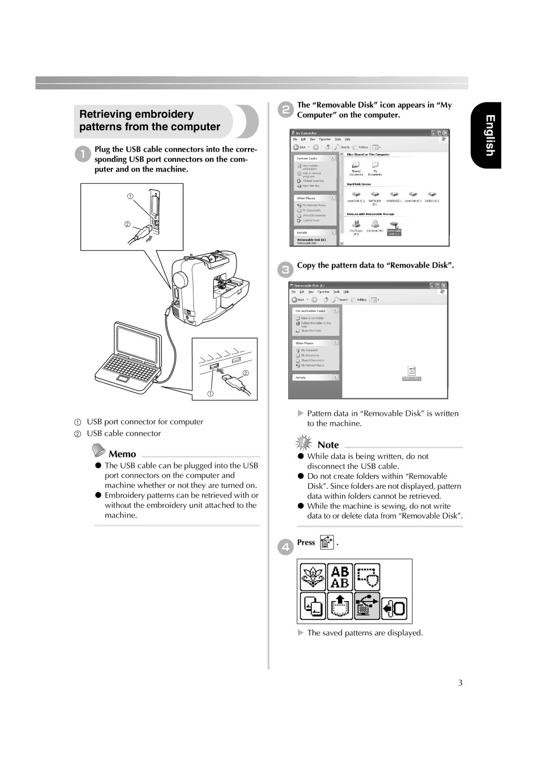 Brother HE-240 Retrieving embroidery patterns from the computer, Memo, USB port connector for computer USB cable connector 