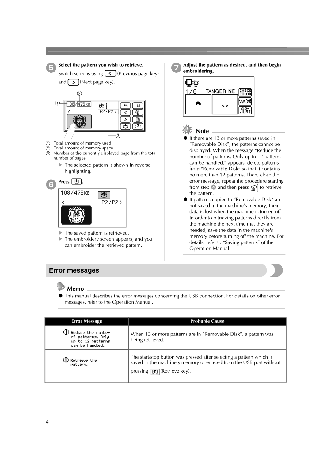 Brother HE-240 Error messages, ESelect the pattern you wish to retrieve, Press, Error Message Probable Cause 