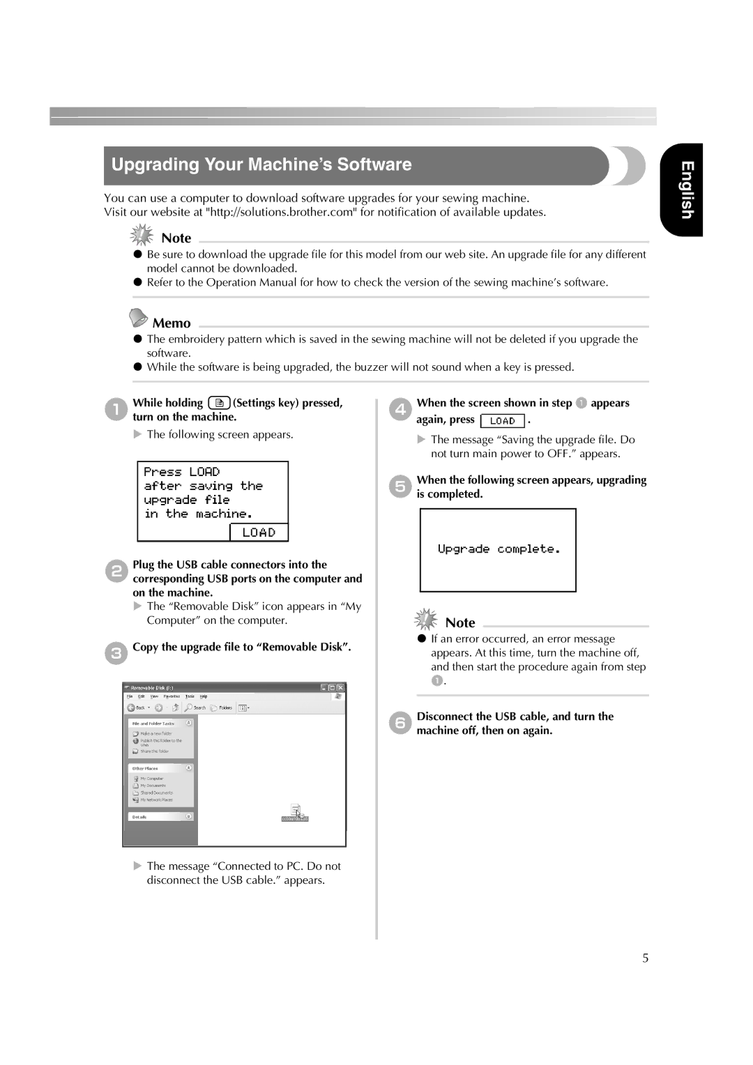 Brother HE-240 Upgrading Your Machine’s Software, AWhile holding Settings key pressed, turn on the machine 