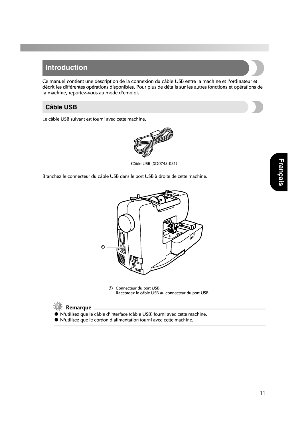 Brother HE-240 instruction manual Français, Câble USB, Remarque, Introduction 