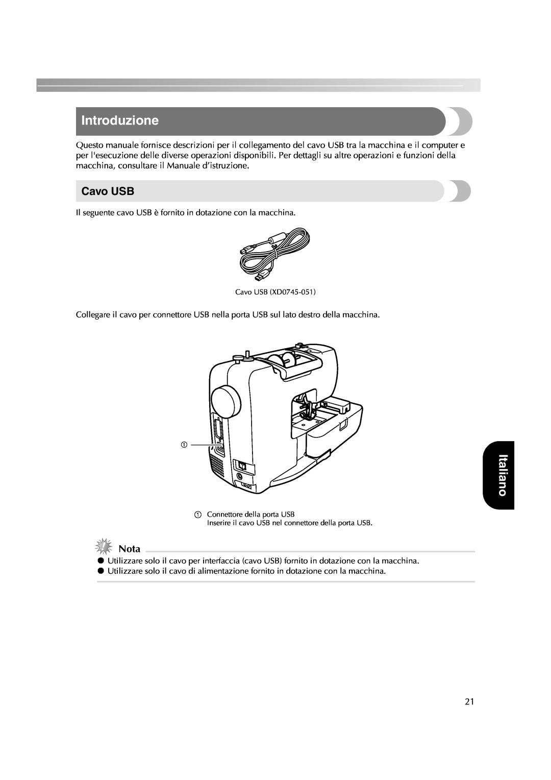 Brother HE-240 instruction manual Introduzione, Italiano, Cavo USB, Nota 