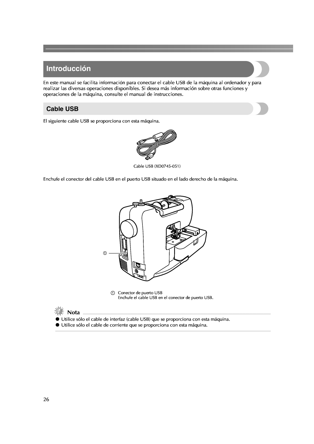 Brother HE-240 instruction manual Introducción, Cable USB, Nota 