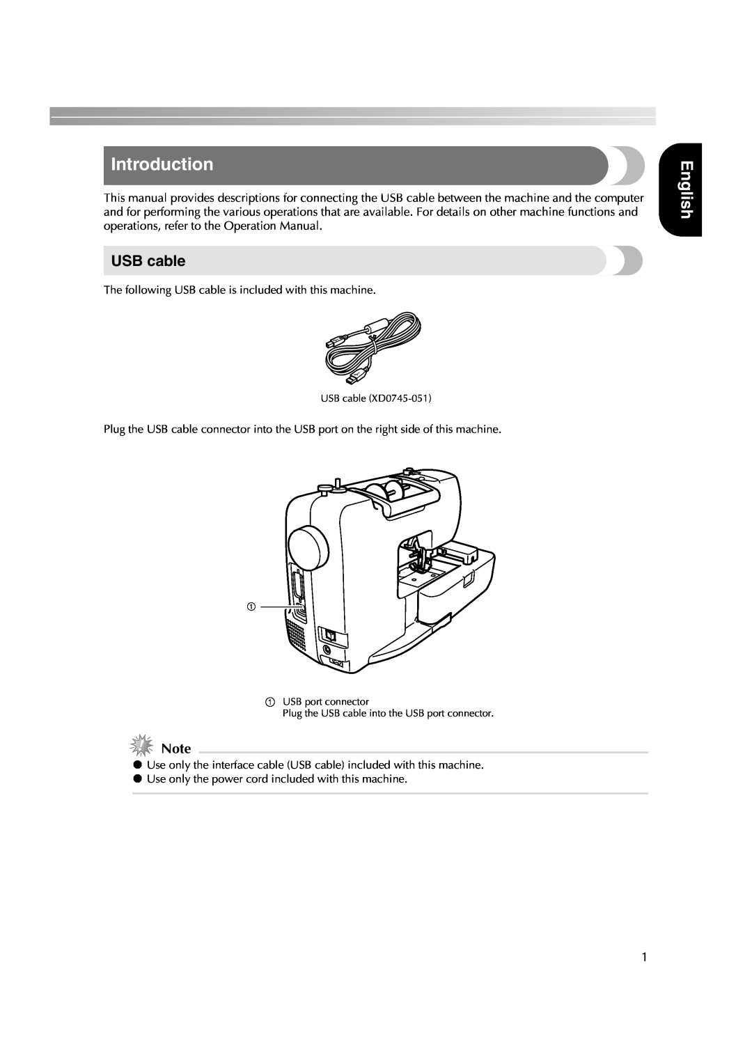 Brother HE-240 instruction manual Introduction, English, USB cable 