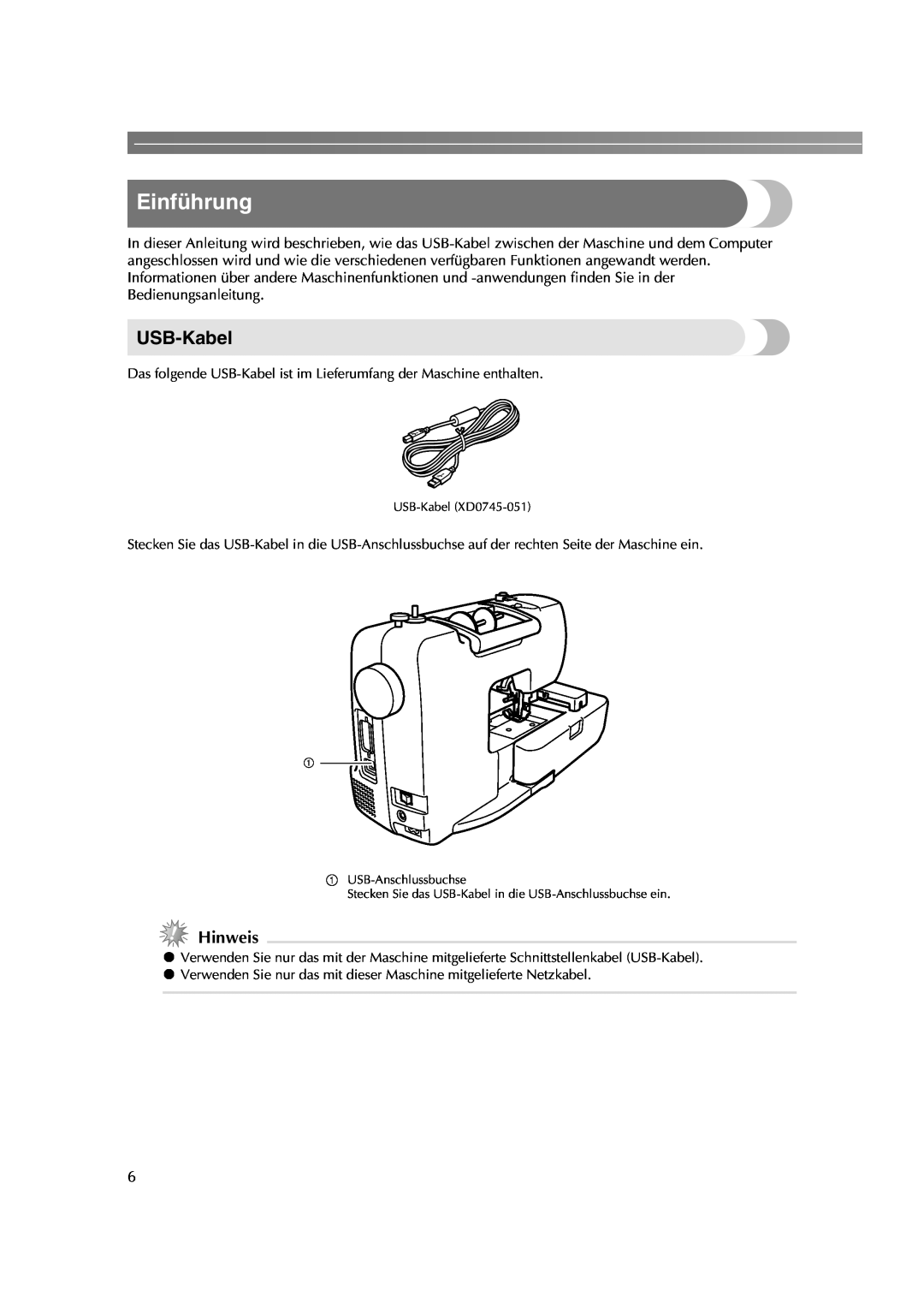 Brother HE-240 instruction manual Einführung, USB-Kabel, Hinweis 