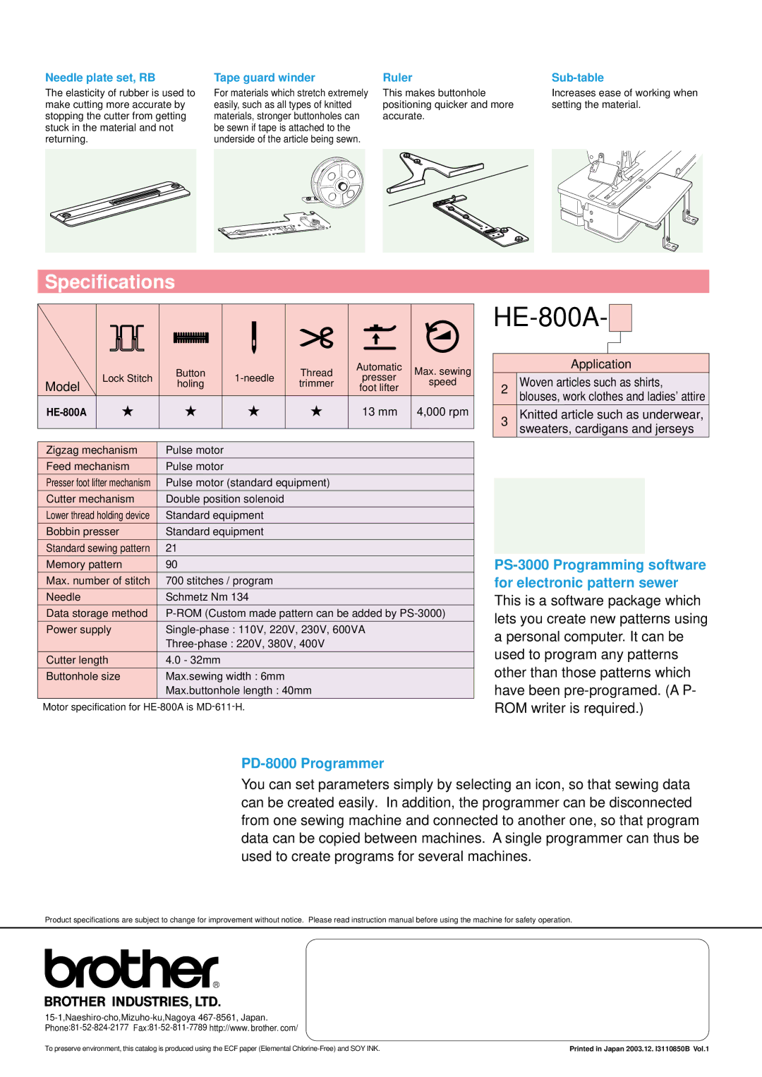 Brother HE-800A manual Options, Specifications, Peripheral equipment, Optional product 