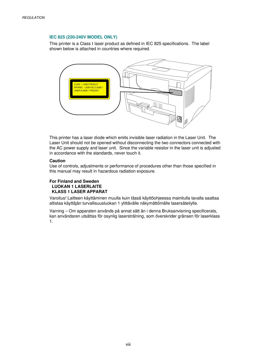 Brother 1240, HL-1030, 1250 service manual IEC 825 220-240V Model only, For Finland and Sweden 