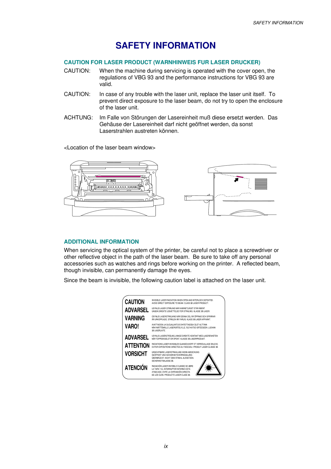 Brother 1250, HL-1030, 1240 service manual Safety Information, Achtung 