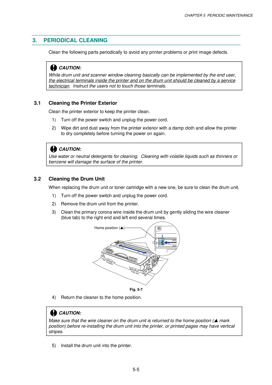 Brother 1250, HL-1030, 1240 service manual Periodical Cleaning, Cleaning the Printer Exterior, Cleaning the Drum Unit 