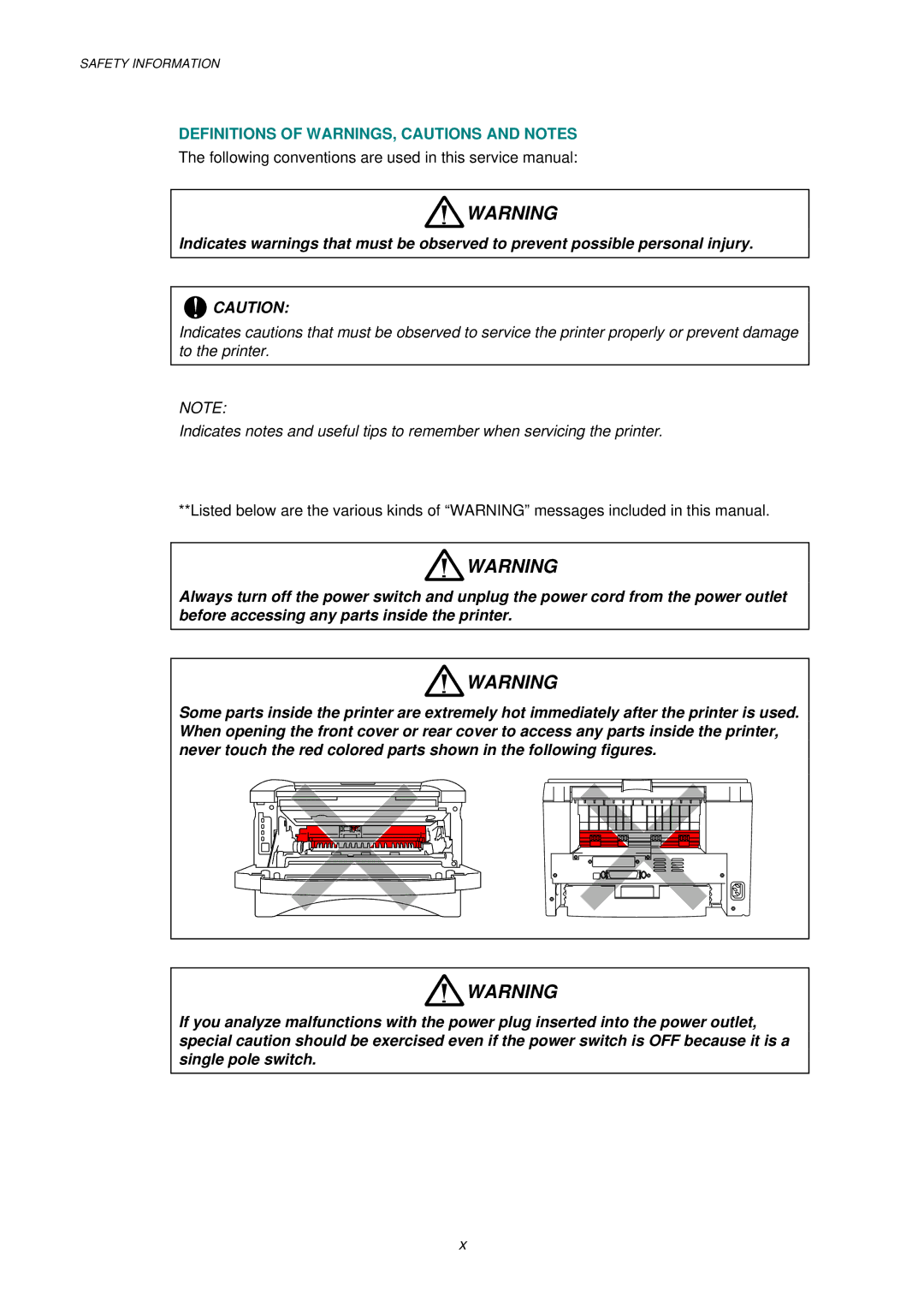 Brother HL-1030, 1240, 1250 service manual Definitions of WARNINGS, Cautions and Notes 