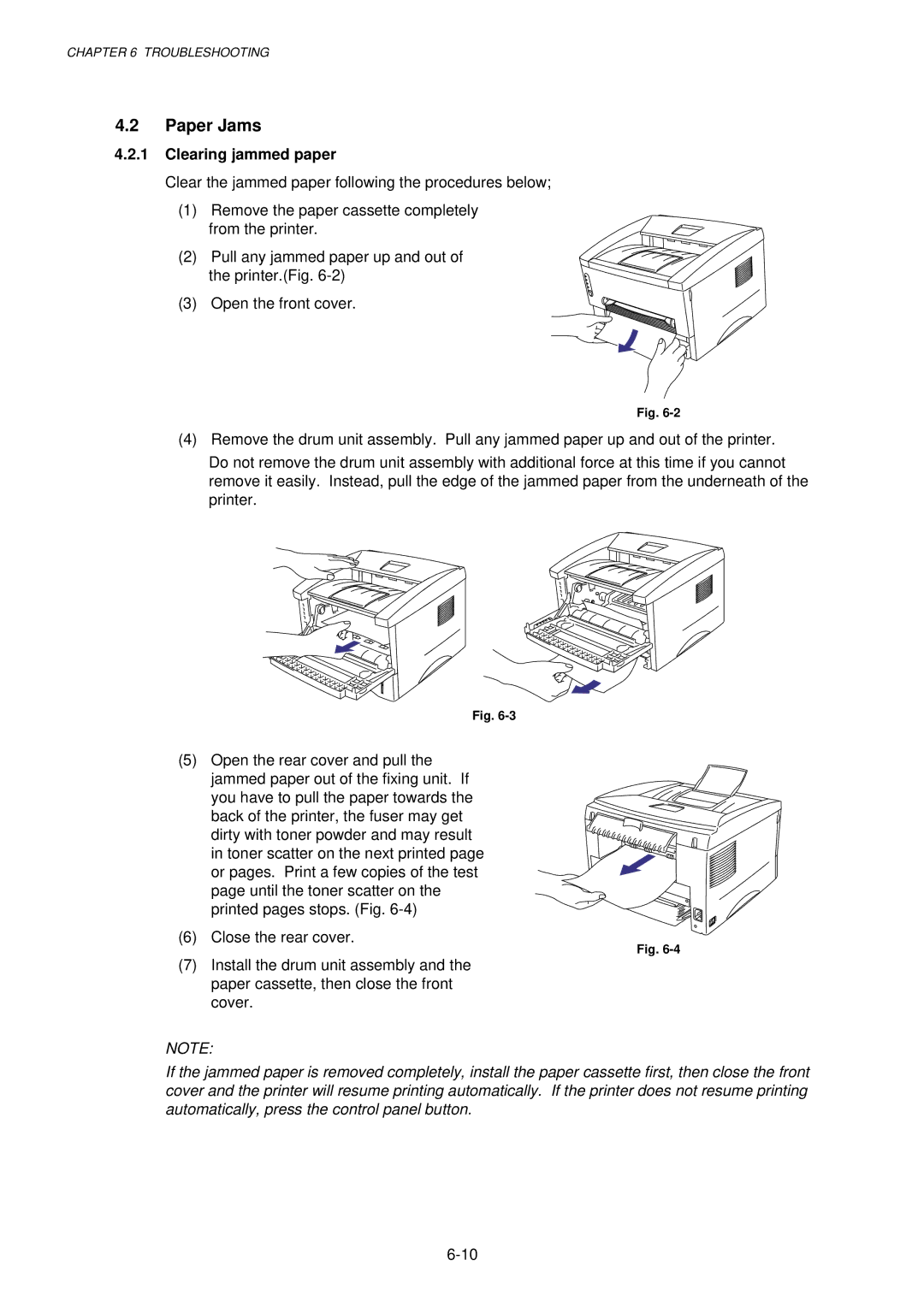 Brother HL-1030, 1240, 1250 service manual Paper Jams, Clearing jammed paper 