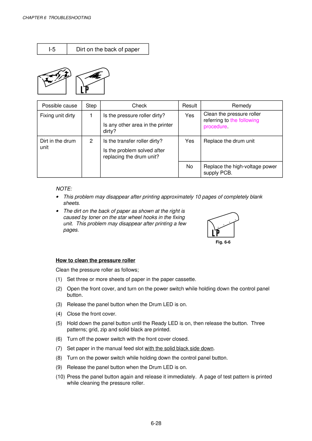 Brother HL-1030, 1240, 1250 service manual Dirt on the back of paper, How to clean the pressure roller 