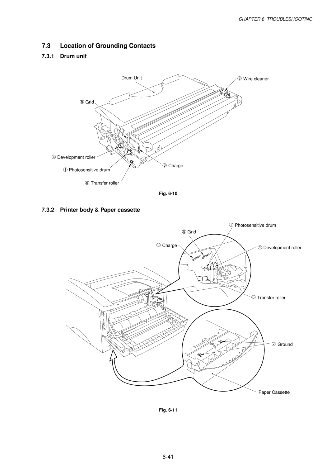 Brother 1240, HL-1030, 1250 service manual Location of Grounding Contacts, Drum unit, Printer body & Paper cassette 