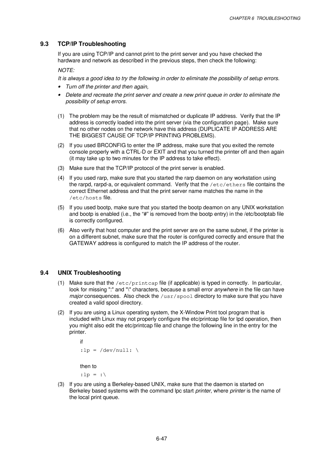 Brother 1240, HL-1030, 1250 service manual TCP/IP Troubleshooting, Unix Troubleshooting 