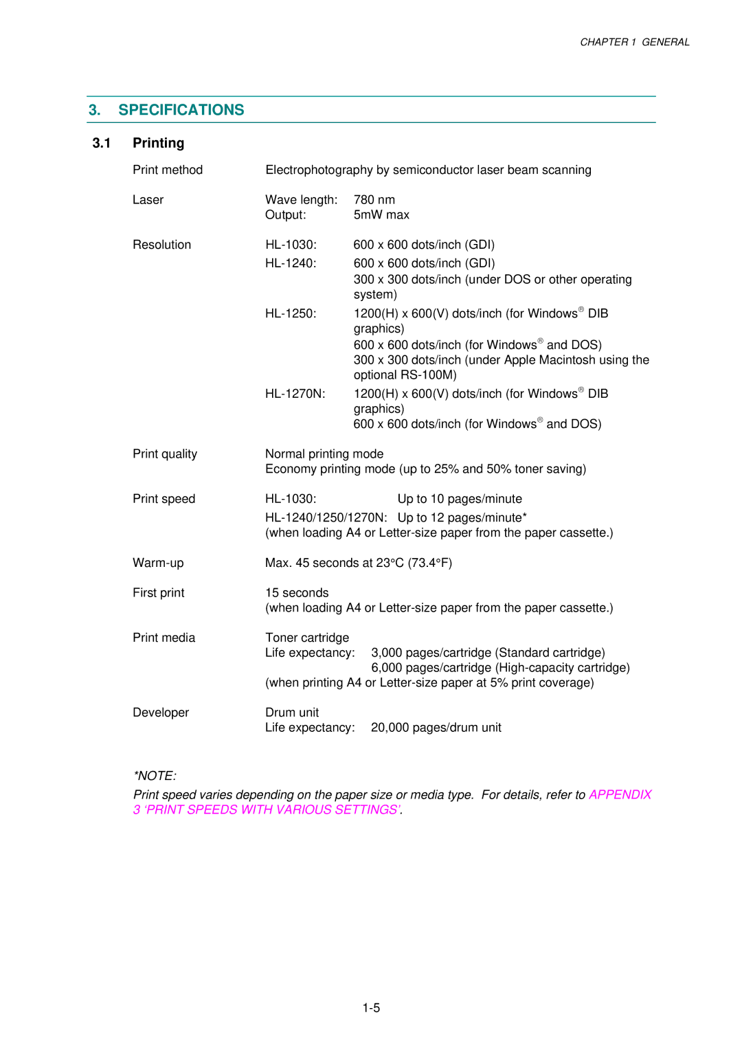 Brother 1250, HL-1030, 1240 service manual Specifications, Printing, Dib 