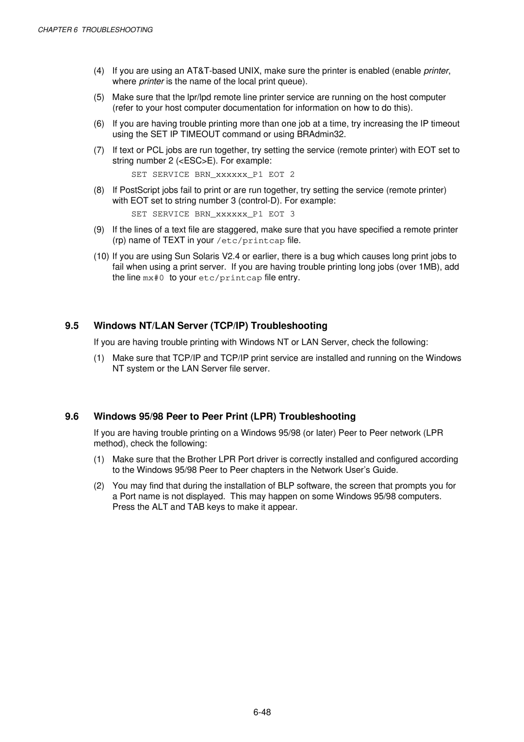 Brother 1250, HL-1030 Windows NT/LAN Server TCP/IP Troubleshooting, Windows 95/98 Peer to Peer Print LPR Troubleshooting 