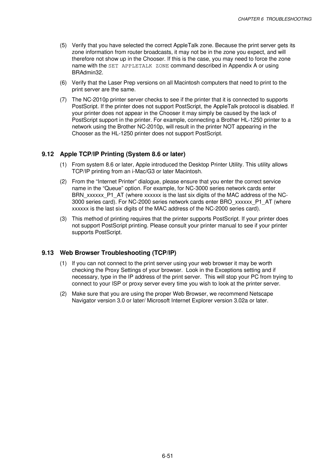 Brother 1250, HL-1030, 1240 service manual Apple TCP/IP Printing System 8.6 or later, Web Browser Troubleshooting TCP/IP 