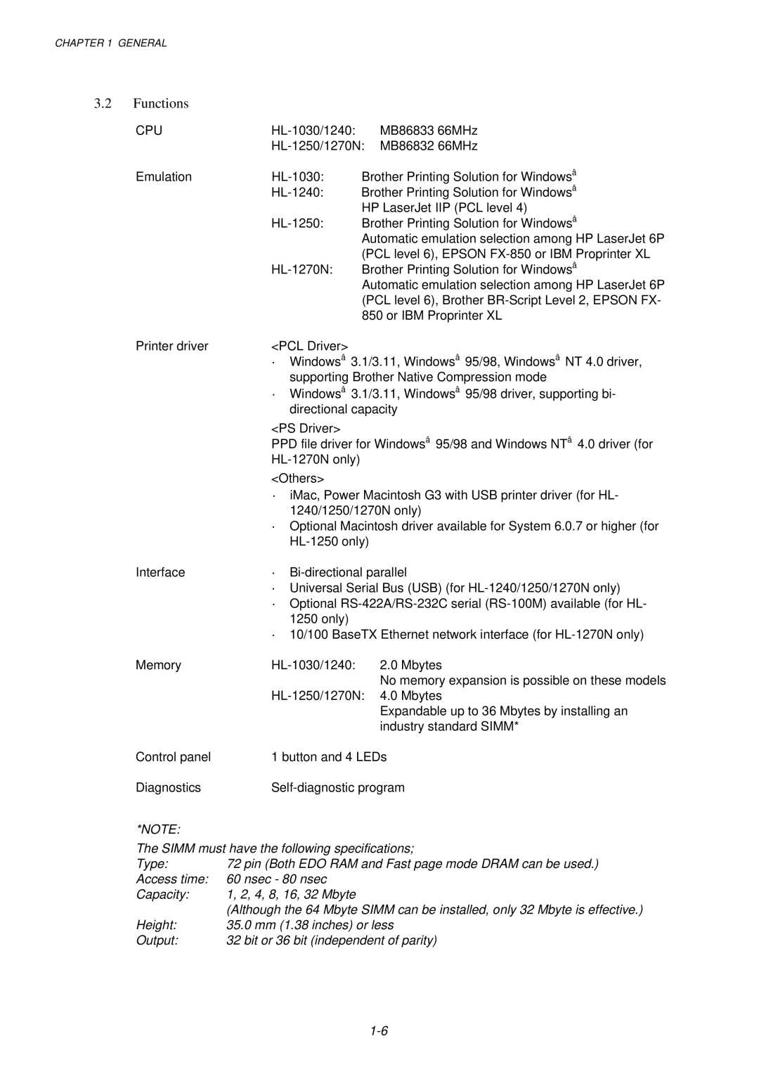 Brother HL-1030, 1240, 1250 service manual Functions, Cpu 