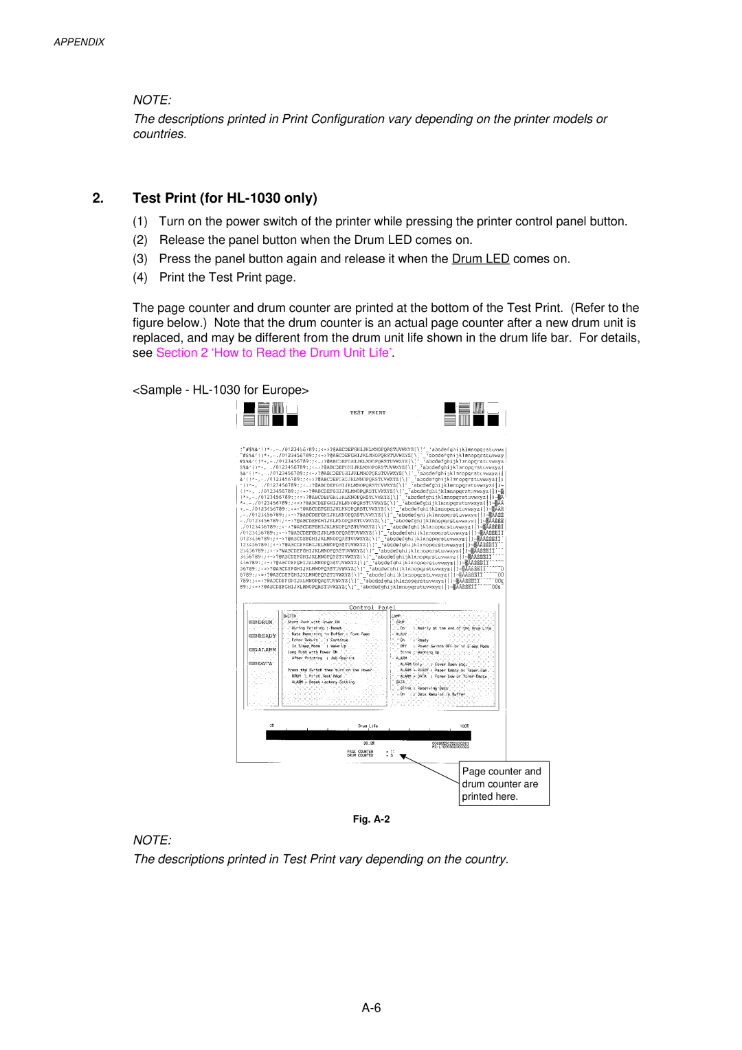 Brother 1240, 1250 service manual Test Print for HL-1030 only, Fig. A-2 