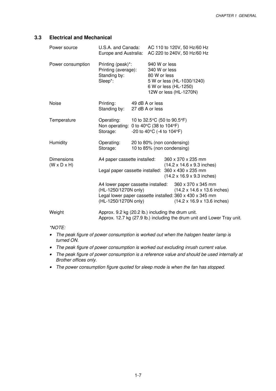 Brother 1240, HL-1030, 1250 service manual Electrical and Mechanical 