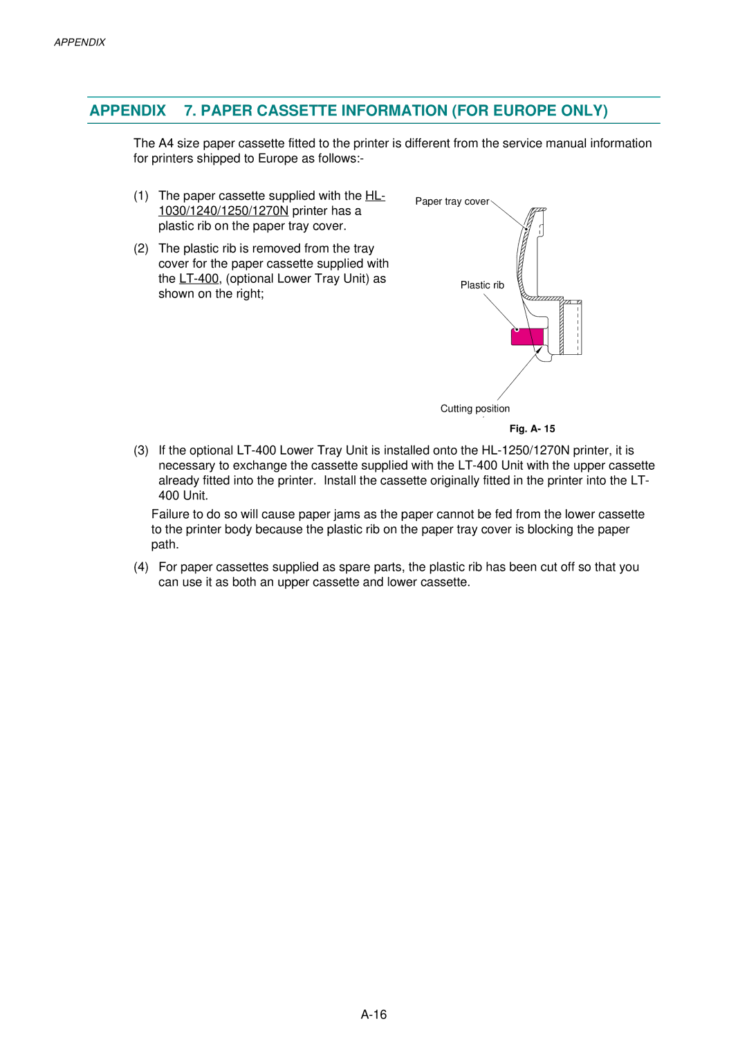 Brother 1250, HL-1030, 1240 service manual Appendix 7. Paper Cassette Information for Europe only, Fig. a 