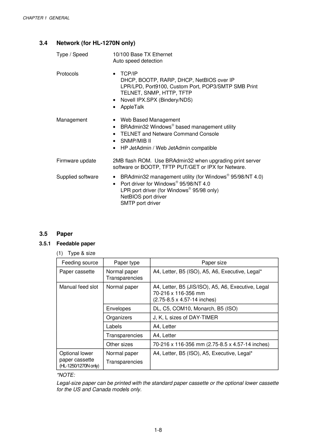 Brother 1250, HL-1030, 1240 service manual Network for HL-1270N only, Paper, Feedable paper 