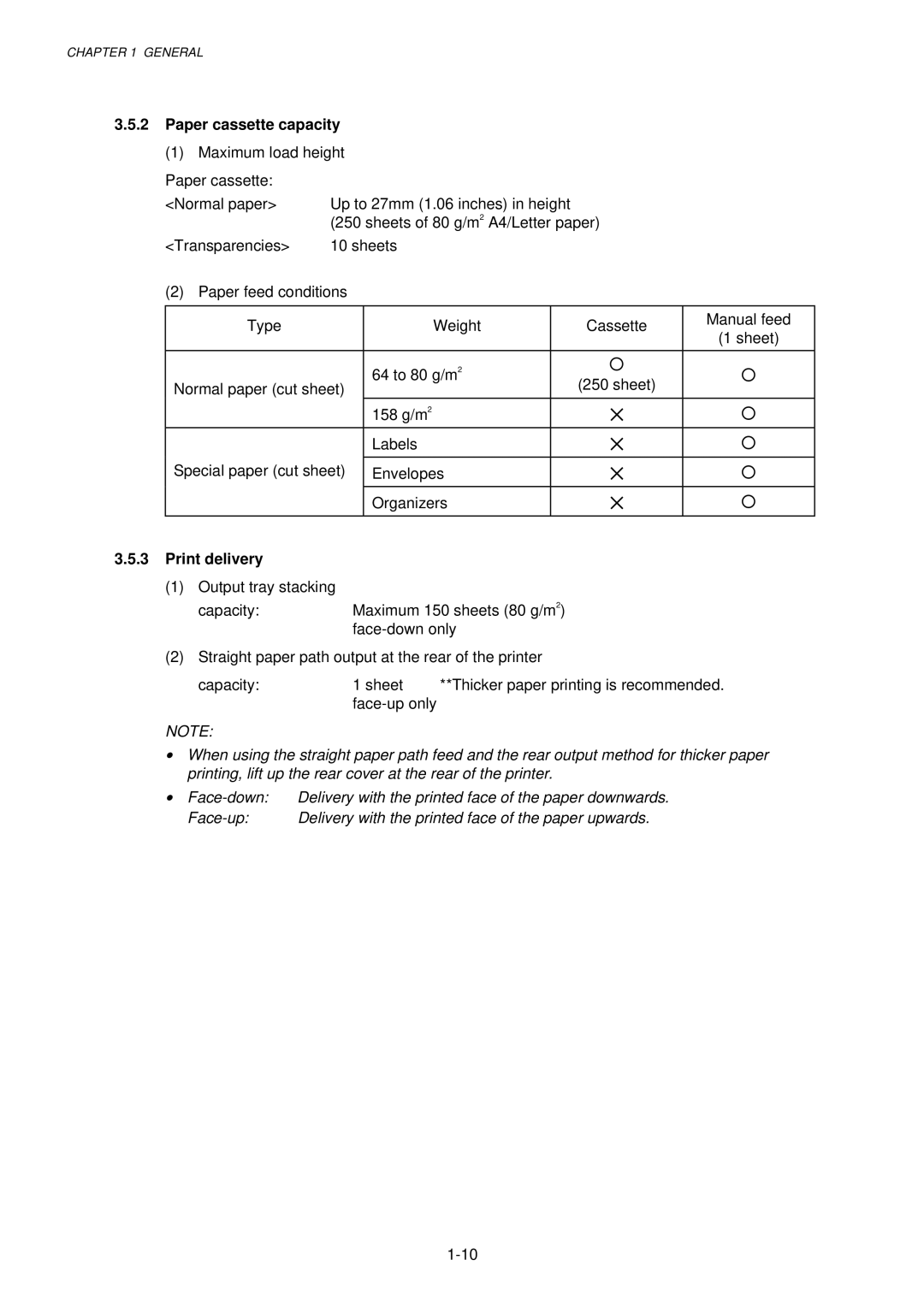 Brother 1240, HL-1030, 1250 service manual Paper cassette capacity, Print delivery 