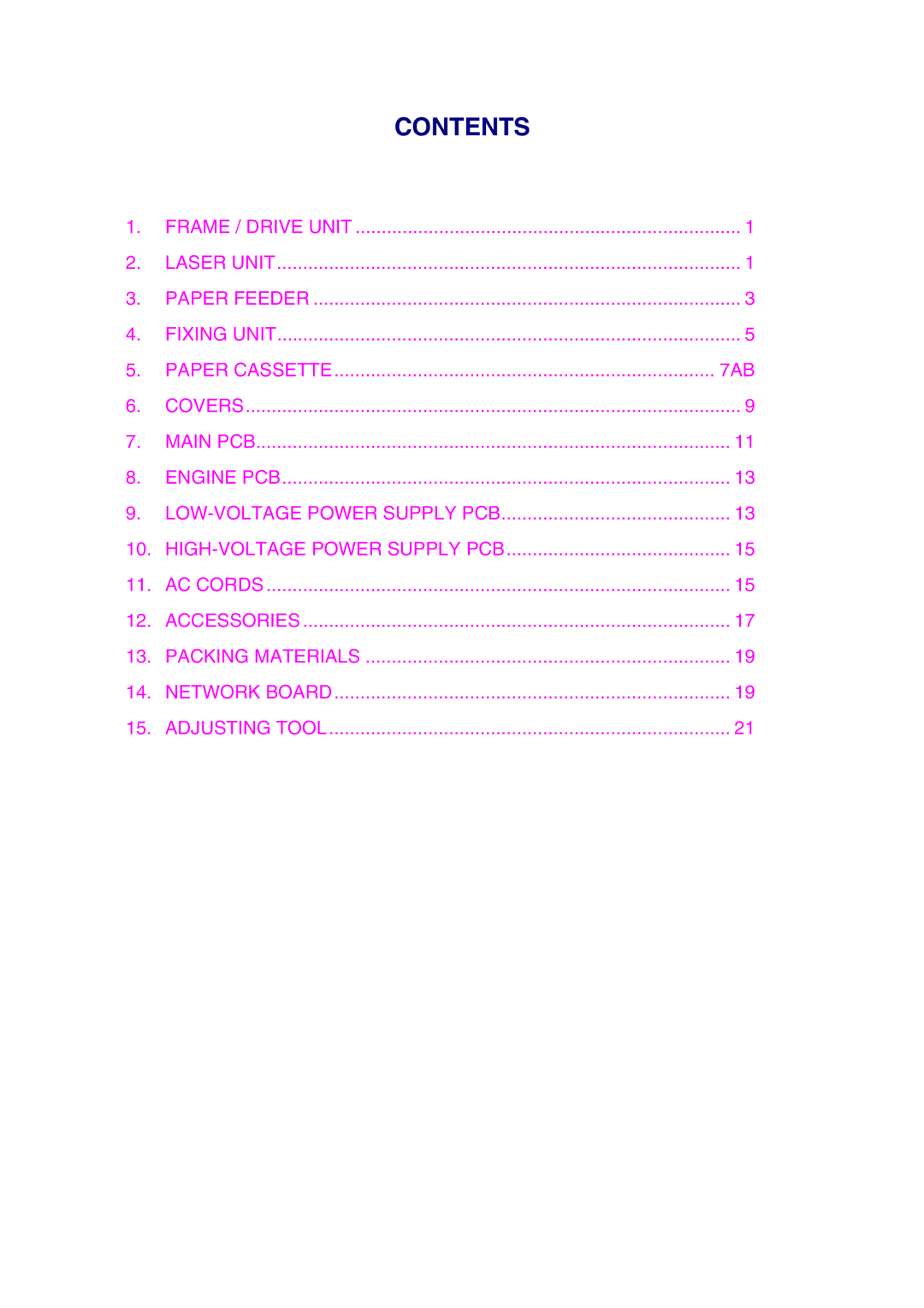 Brother 1250, HL-1030, 1240 service manual Contents 