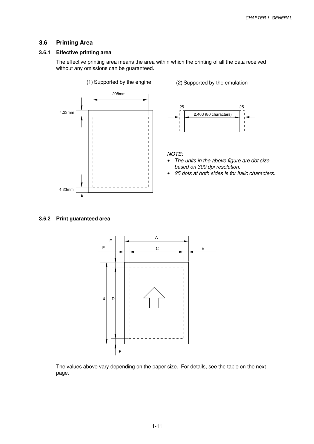 Brother 1250, HL-1030, 1240 service manual Printing Area, Effective printing area, Print guaranteed area 