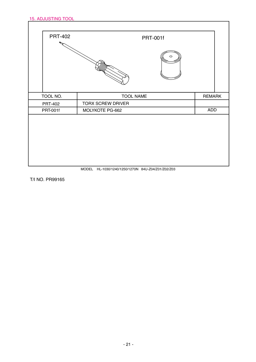 Brother HL-1030, 1240, 1250 service manual Tool no Tool Name Remark, Torx Screw Driver, Molykote PG-662 ADD 