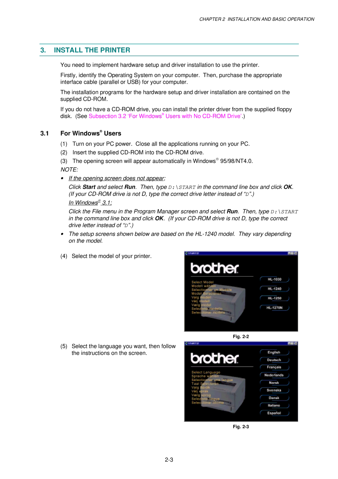 Brother HL-1030, 1240, 1250 service manual Install the Printer, For Windows Users 