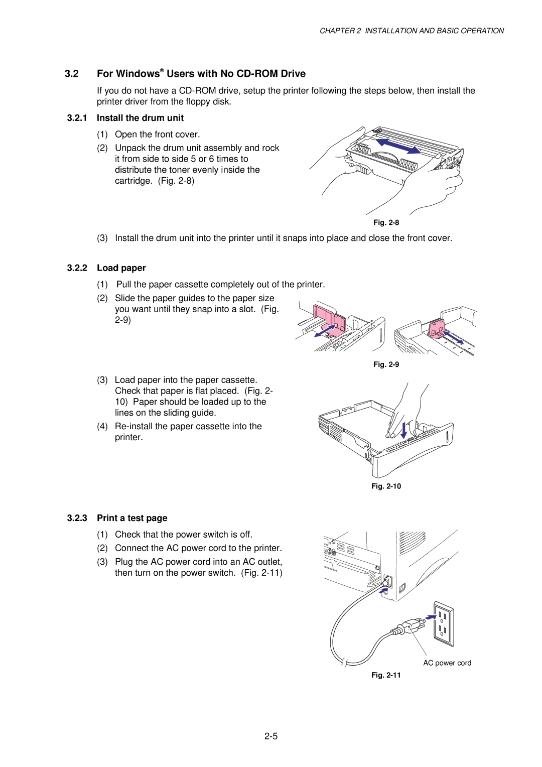 Brother 1250, HL-1030, 1240 For Windows Users with No CD-ROM Drive, Install the drum unit, Load paper, Print a test 